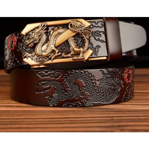 Retro Z Dragon Automatic Buckle Mens Three-dimensional Double Dragon Play Bead Real Leather Belt Ethnic Personality Belt