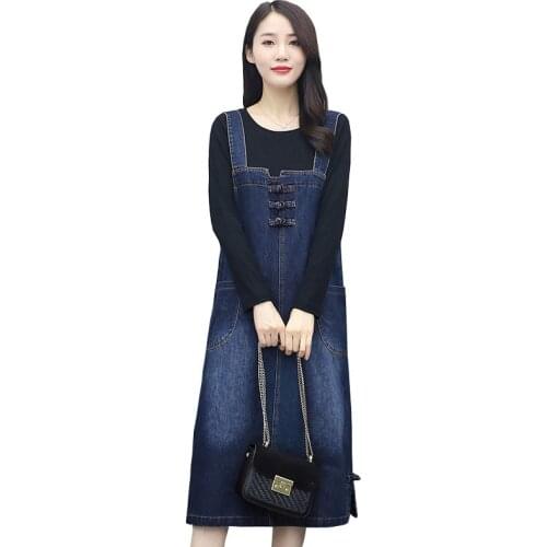 New Fashion Spring Autumn Women Plus size Loose Suits Round neck Long-sleeved T-shirt Suspender Denim Dress Two-piece suit OK749