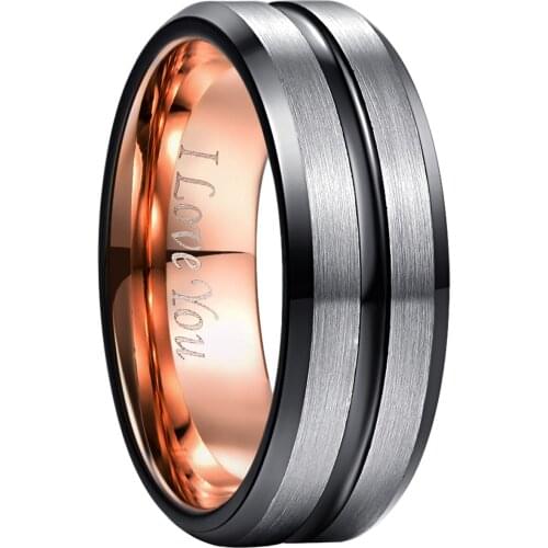 Inner Rose Gold ColorGroove I Love You Wedding Ring For Men Women Black Bevel Frosted Surface Tungsten Steel Promise Ring