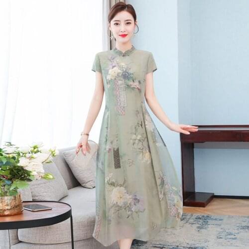 Chinese Ethnic Style Mulberry Silk Improved Cheongsam Dress Summer New Elegant Temperament Long Dress Retro Women Qipao zh1297