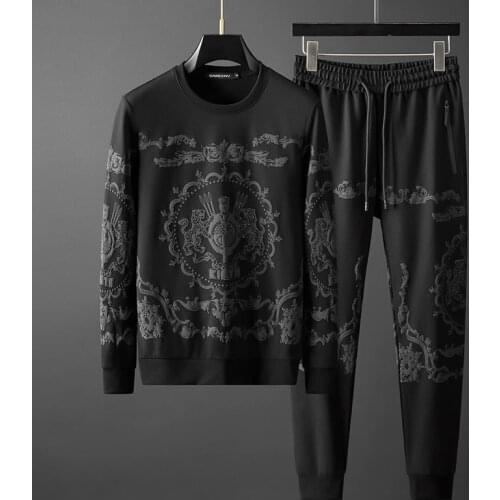 Tracksuit set Trendy brand hot rhinestone sweater mens suit 2021 autumn new printing light luxury retro casual two-piece suit