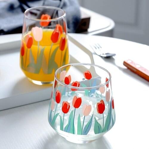 Hand-painted Tulip Flower Glass Cup Household Heat-resistant Drinking Cup Big Belly Mousse Cup WY80115