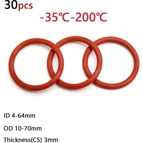 30pcs Thickness(CS) 3mm Food Grade Silicone O-Ring OD 10-70mm Red Sealing Ring Waterproof And Insulated ID 4-64mm