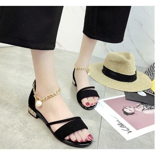 2018 Big Size 35-40 Elegant Ladies Summer Shoes Casual Thick Med Heels Women Sandals Ankle Strap Open toe Flock Sandals