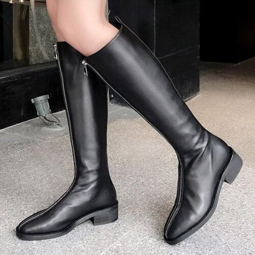 Knee high riding boots with zipper 2020 genuine leather equestrian long boots women flat heels round toe shoes