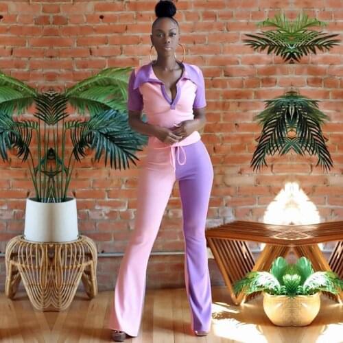 Two Piece Set Women Polo Collar Short Sleeve T Shirt Tops And Joggers Flare Pants Outfits 2021 Summer Panelled Casual Tracksuits