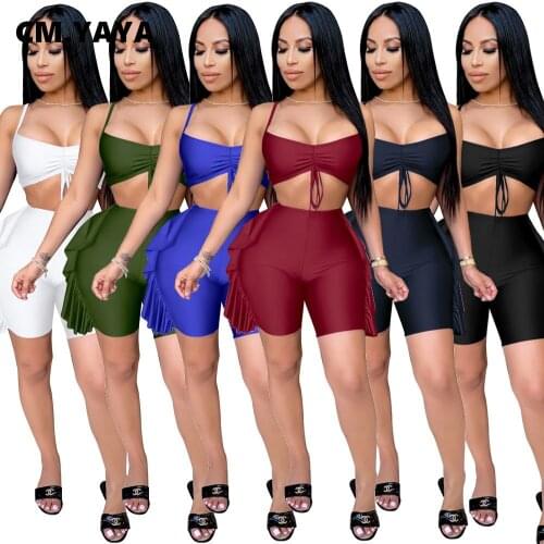 CM.YAYA Women 2 Piece Sets Solid Sleeveless Spaghetti Strap Crop Top Edible Tree Fungus Short Pants Summer Sports Suits 2021