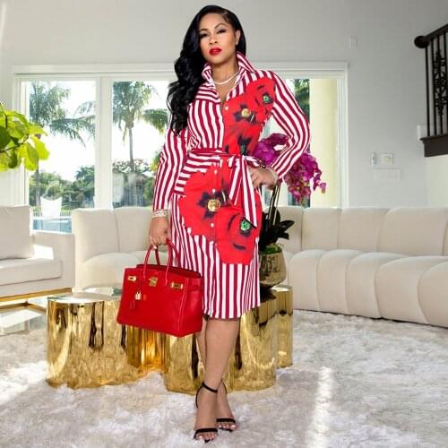 Floral Striped Print Womens Blouse Dress Fashion Turn Down Collar Long Sleeve Midi Dresses Chic Single-breasted Midi Vestidos