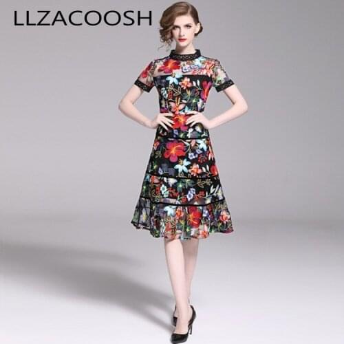 2019 Summer Women Runway Designer Mesh Floral Embroidery Dresses Short Sleeve Patchwork Hollow Out Slim Ruffles Fishtail Dress