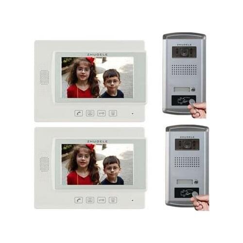 ZHUDELE Intercom System control Access Doorbell For 2 Doors 7"Video Door Phone FRID Panel Camera w/t Waterproof Cover 2 to 2