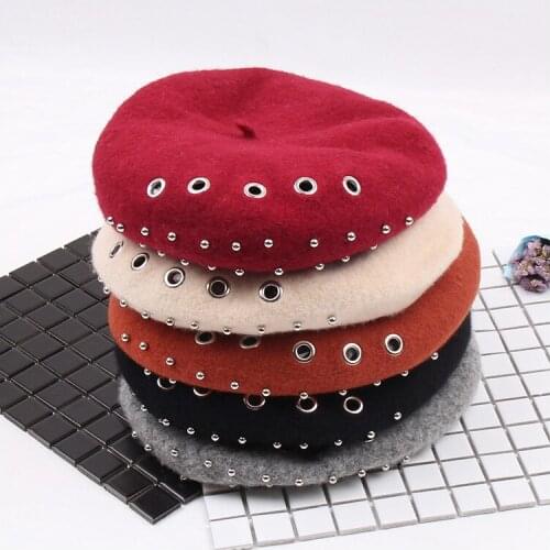 Winter Hats For Women Berets Knitted Wool Beret Beanie Autumn Winter Artist Cap Solid Painter Hats With Rivet Beret Hats