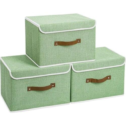 3 Pack Storage Boxes with Lids,Collapsible Linen Fabric Storage Basket Bins for Towels,Books,Toys,Clothes