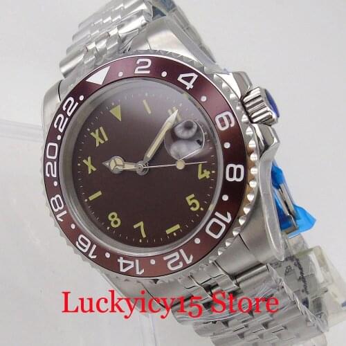 BLIGER Coffee 21 Jewels MIYOTA 8215 Roman Number Dial Mechanical Men Watch Jubilee Band Yellow Hand Sapphire Glass Magnifier