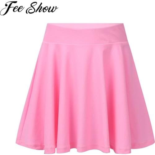 Kids Girls Skating Skirt Pure Color Elastic Waistband A-line Ruffle Hem Pleated Skirt Mini Short Skirts For Ballet Dance Wear