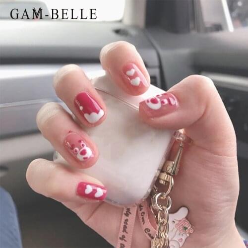 GAM-BELLE Cute Pink Bear Pattern Fake Nails Artificial Short Full Cover Press On Nails Decoration DIY Manicure Beauty Tools