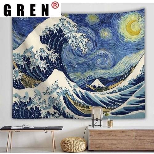 GREN Van Gogh Landscape Ocean Wave Soaf Background Tapestry Wall Cloth Hanging Home Decor Wall Art Posters Tapestry Living Room