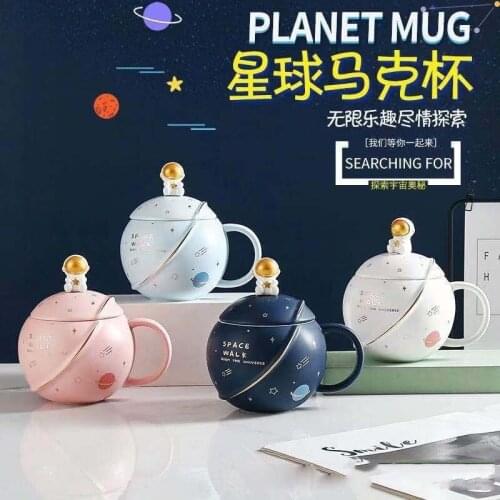 Cute Planet Ceramic Cup with Lid Spoon Cute Astronaut Mug Astronaut Moon Landing Glass Milk Cup