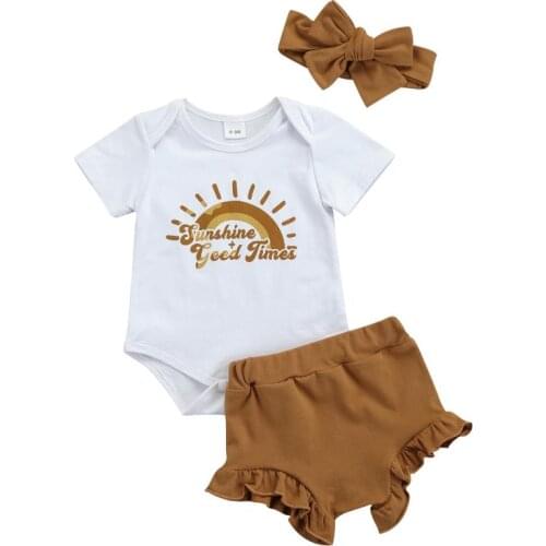 3pcs Set Baby Girl’s Clothes Sweet Rainbow Letter Short Sleeve Romper Short Pants with Headband Cotton Babys Sets