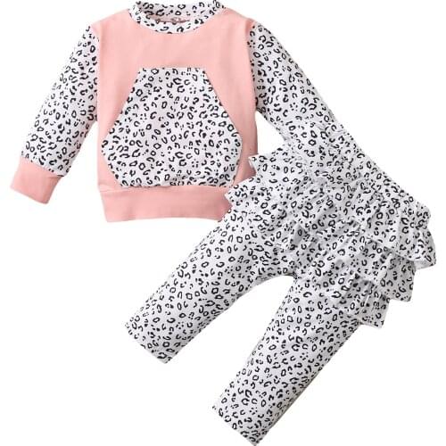 Infant Baby Girls Two-piece Clothes Set, Pink Leopard Printed Pattern Pullover and Pants with Ruffled Hem