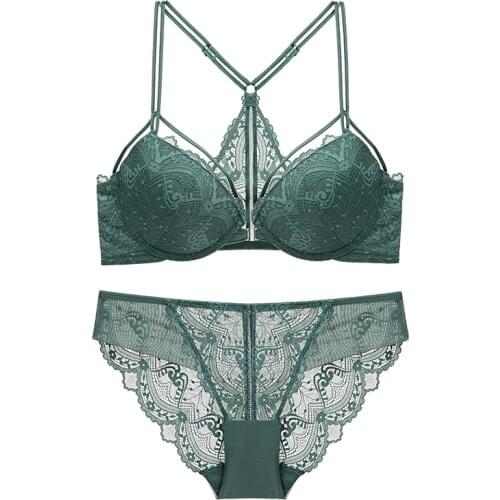 Embroidery Lace Front Closure Backless Bra and Panties Set Push Up Underwear with Stones Women Lingerie French Bra 2020 New