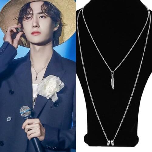 Korea kpop Double layer Stainless Steel Feather Pendant Mens Jewelry 361L Unisex long silver color Necklace