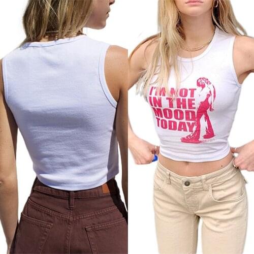 Women Summer Crop Tops, Adults Letter Figure Print Round Neck Tank Tops Daily Wear Caual