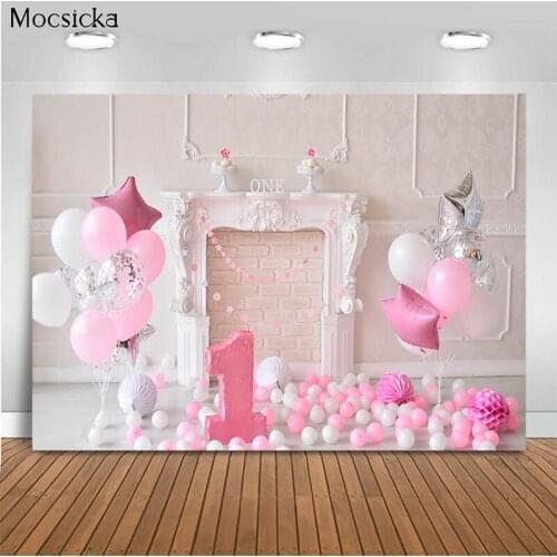 Mocsicka 1st Birthday Girl Background Pink Balloons Personalized Photography Background Photo Studio Decoration Banner