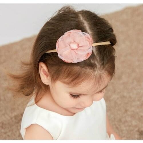 Baby Girls Pearls Flower Nylon Headband Kids Satin Lace Flower Hair Band Newborn Elastic Turbans Headwraps Girl Hair Accessories