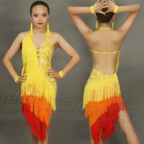 New Latin dance skirt competition skirt performance Skirt Adult custom yellow tassel diamond orange red tassel dance skirt