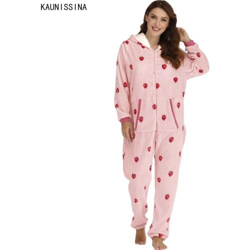 Hooded Onesies Pajamas Plus Size Flannel Winter Warm Adults Onesies for Women Long Sleeve Zipper Pockets Printed Homewear Suit