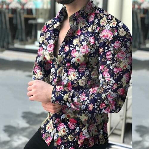New Mens Floral Shirt Long Sleeve Casual Shirt Fashion Rose 3d Printed Turn-down Collar Slim Fit Shirt Mens Clothing