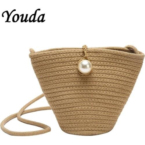New Women' Summer Straw Bag Shoulder Bag Korean Version of the Beach Holiday Bucket Small Bag Girls Wild Simple Messenger Bag