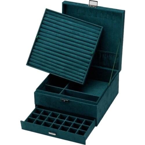 Three-Layers Suede Jewelry Organizer Box Necklaces Earrings Rings Large Storage Case with Lock for Women