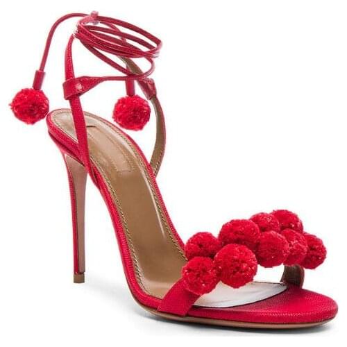 Carpaton 2018 Summer New ladies ankle strap mixed colors thin high heel sandals hair ball ball decoration red and white colors