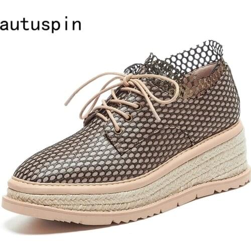 Autuspin Newest Women Genuine Leather Casual Pumps 2020 Summer Wedged Platform High Heels Female Lace Up Basic Mesh Shoes Woman