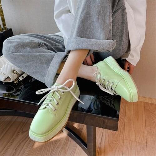 PXELENA Handmade Genuine Leather Oxfords Women Square Toe Lace Up Flat Platform Creepers 2021 Spring Comfort Casual Daily Green