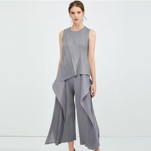 Plus Size Pant Suits Women Spring Summer Elastic Miyake Pleated Tank Top + Casual Irregular Wide Leg Pants Fake Two Piece Set