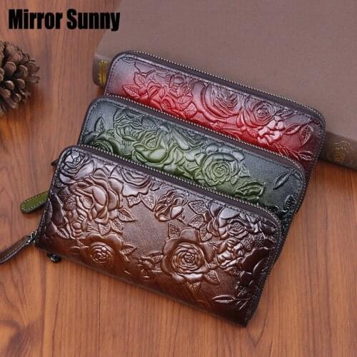2020 New Retro Style Long Ladies Clutch Bag Fashion Multi-card Embossed Flower Colored Genuine Leather Zipper Purse Women Wallet