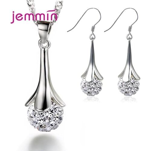 Shiny 925 Sterling Silver Long Pendant Necklaces Drop Earrings Ball Temperament For Women Wedding Party Friendship Gift