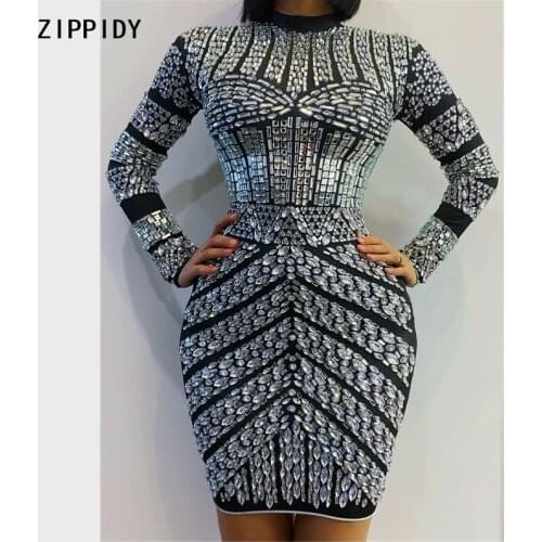 New Big Elasticity Silver Rhinestones Dress Womens Birthday Celebrate Outfit Dress Bar Dancer Evening Short Dress