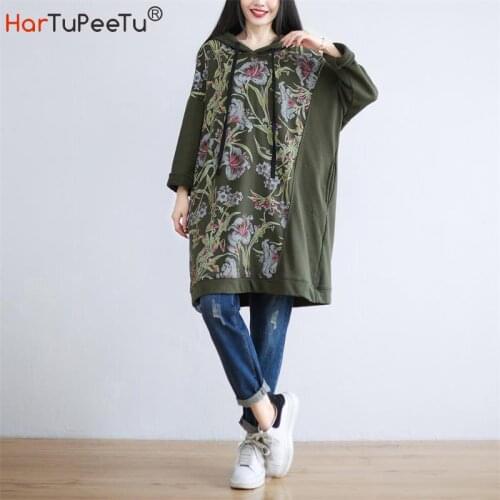 2021 Autumn Women Hoodie Dress Print Floral Loose Casual Patchwork Plain Hooded Pullover Long Sweatshirts with Pockets