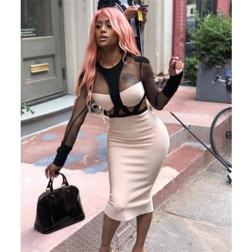 New Apricot Mesh Long Sleeve O Neck Knee Length Bodycon Bandage Dress Celebrity Women Dress