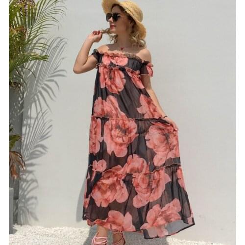 Off Shoulder Beach Dress Summer Women Slash Neck Floral Print Ruffles Chiffon Boho Dress Maxi Long Tunic Casual Holiday Dresses