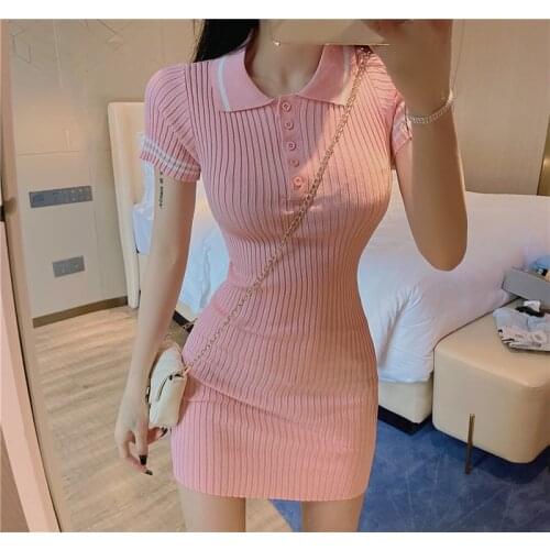Vestido Mujer Sweet Temperament Lapel Pink Short Sleeve Knitted Dress Bodycon Mini Autumn Sexy High Waist Street Fashion Robe
