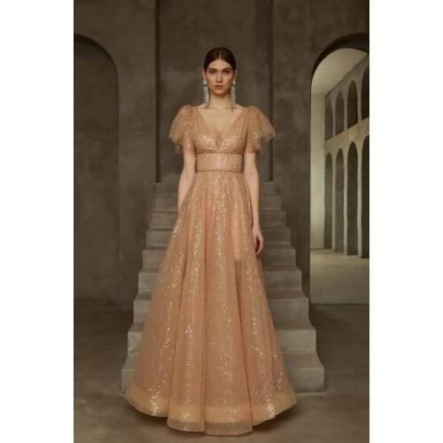 Gold Glitter Prom Dresses 2021 V Neck Cap Sleeves A Line Formal Evening Party Dress vestidos de gala