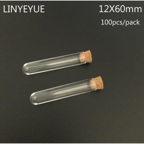 100pieces/pack) 12*60mm Plastic test tube with Cork Cap Round Bottom Mini tea plastic tube Vial School Laboratory Supply