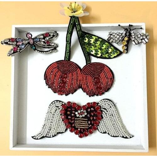 3D Handmade Rhinestone Beaded Strawberry Cherry Patches Sew on Dragonfly Crystal Patch for Clothing Beading Applique Cute Patch