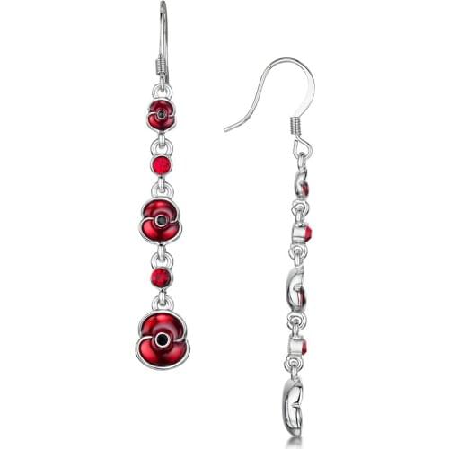White Gold Tone Red Enamel Poppy Flower Earrings UK Remembrace Day Gift