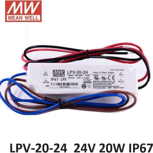 Original MEAN WELL LPV-20-24 20W 0.84A 24V LED Power Supply waterproof isolated plastic IP67 90~264VAC input led driver 24V