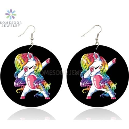 SOMESOOR Double Sides Printing Lovely Unicorn African Wooden Drop Earrings Photos Cartoon Wood Jewelry For Girl Women Gift